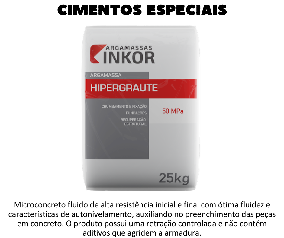 Cimentos especiais - O Hipergraute é um microconcreto fluido de alta resistência inicial e final, para uso externo e interno. Possui ótima fluidez com características de autonivelamento, auxiliando no preenchimento das peças em concreto. O produto possui uma retração controlada e não contém aditivos que agridem a armadura. Baixa permeabilidade à água, resultando em um material com longa durabilidade. Liberação em curto prazo para operação de equipamentos fixados com Hipergraute.