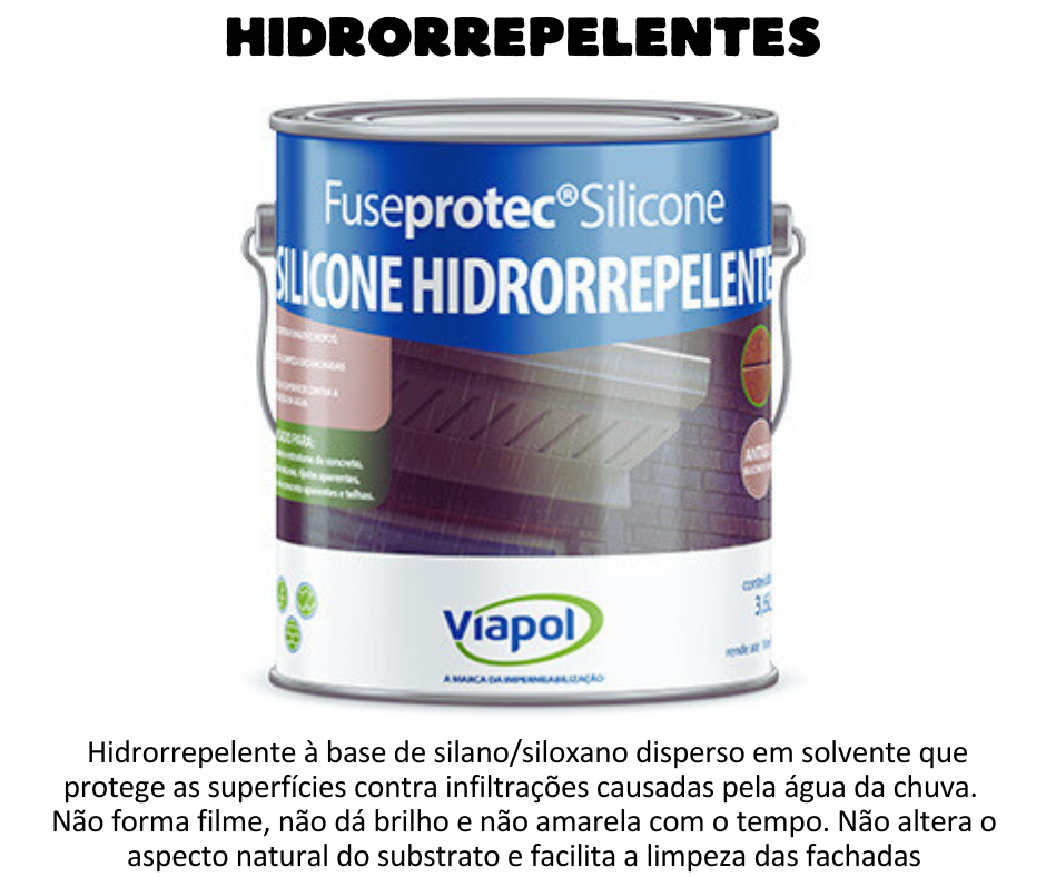 Hidrorrepelentes - Fuseprotec Silicone é um hidrorrepelente à base de silano / siloxano disperso em solvente que protege as superfícies contra infiltrações causadas pela água da chuva. VANTAGENS Não forma filme, não dá brilho e não amarela com o tempo; Fácil aplicação e simples conservação; Alta capacidade de penetração no substrato; Não altera o aspecto natural do substrato e facilita a limpeza das fachadas; Protege a superfície contra a penetração de água; Mantém os poros da superfície abertos, permitido a saída de umidade e vapor d’água do interior das superfícies tratadas; Reduz à impregnação de fuligem e sujeira da fachada e evita a proliferação de fungos e bactérias; Reduz a ação dos agentes agressivos, tais como cloretos e dióxido de carbono. UTILIZAÇÃO Fachadas de estrutura de concreto; Blocos de concreto aparente; Pedras naturais; Tijolos aparentes; Telhas cerâmicas e de fibrocimento.