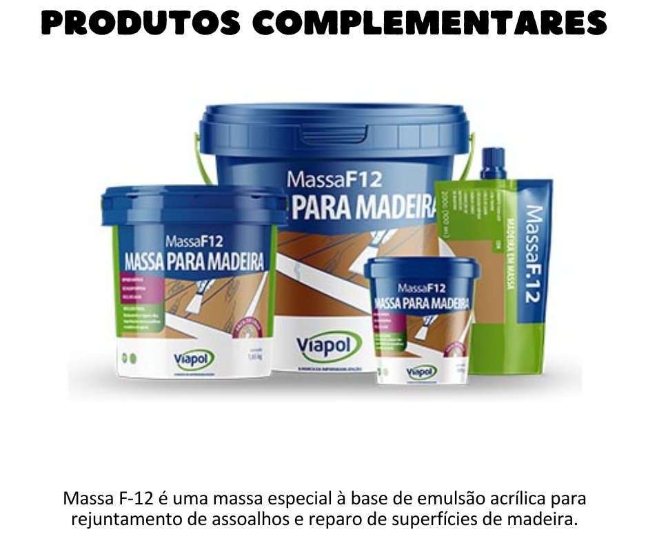 Produtos Complementares - Massa F-12 é uma massa especial à base de emulsão acrílica para rejuntamento de assoalhos e reparo de superfícies de madeira. VANTAGENS Fácil de aplicar; Fácil de lixar; Solúvel em água enquanto na fase pastosa; Não tem cheiro ou vapores tóxicos; Disponível em várias cores. UTILIZAÇÃO Massa F-12 é indicado para preparo de superfície de madeira e reparo em:  Assoalho; Madeira maciça; Madeira laminada; MDF. Disponível nas cores Angelim, Branco, Carvalho, Castanho, Cerejeira, Cumaru, Ébano, Freijó, Imbuia, Ipê, Jatobá, Marfim, Mogno, Nó de Pinus, Patina Branca, Patina Pérola e Sucupira.