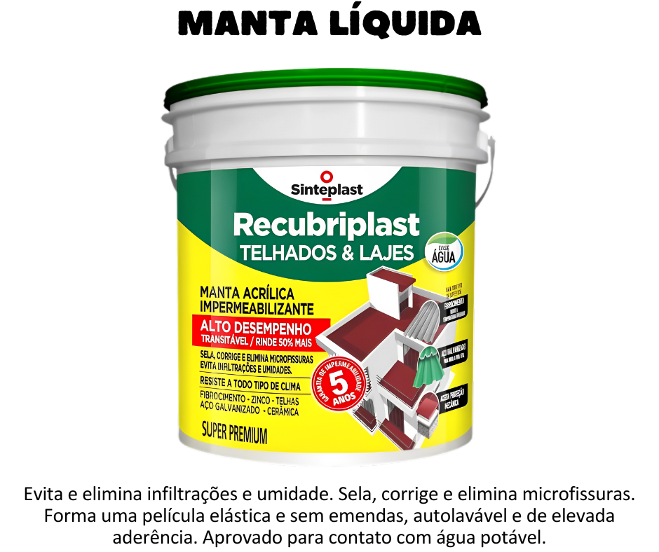 MANTA LÍQUIDA - Telhados e Lajes Impermeabilizante acrílico indicado para telhados, lajes e coberturas em geral. Aplicado nas condições recomendadas, após o período de cura, forma uma película elástica, monolítica (sem emendas), impermeável, autolavável, de elevada aderência, resistente aos raios UV (o que permite que fique exposto ao tempo dispensando proteção mecânica). Permite trânsito leve de pessoas e total possibilidade de colocação de outros materiais de acabamento (pisos e contrapisos). Produto formulado para proteger coberturas planas, arredondadas ou inclinadas (tetos, lajes, terraços, telhas de amianto ou barro, calhas, varandas, sacadas e jardineiras).  RENDIMENTO Rendimento final (m²) 1,0kg/m² sobre alvenaria em geral. 0,500kg/m² sobre superfícies de fibrocimento e galvanizados  SECAGEM: Toque: 30 minutos Entre demãos: 04 horas Final: 07 Dias. E o melhor, você encontra na Schenkel Impermeabilizantes em Porto Alegre ou Caxias do Sul.
