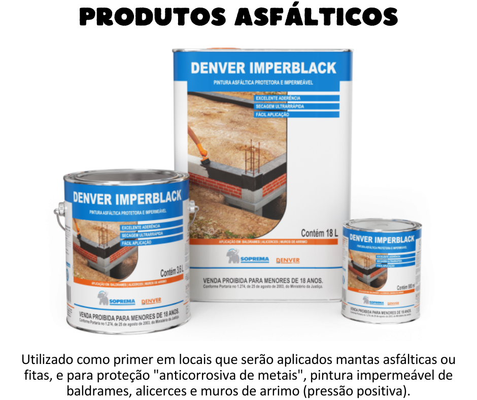 Produtos asfálticos - Imperblack Pintura asfáltica protetora e impermeável  DENVER IMPERBLACK DENVER IMPERBLACK é uma pintura asfáltica, de grande aderência e alta resistência e pronta para uso, para impermeabilização com baixo V.O.C. DENVER IMPERBLACK é uma pintura impermeável de baldrames, alicerces e muros de arrimo (pressão positiva). 