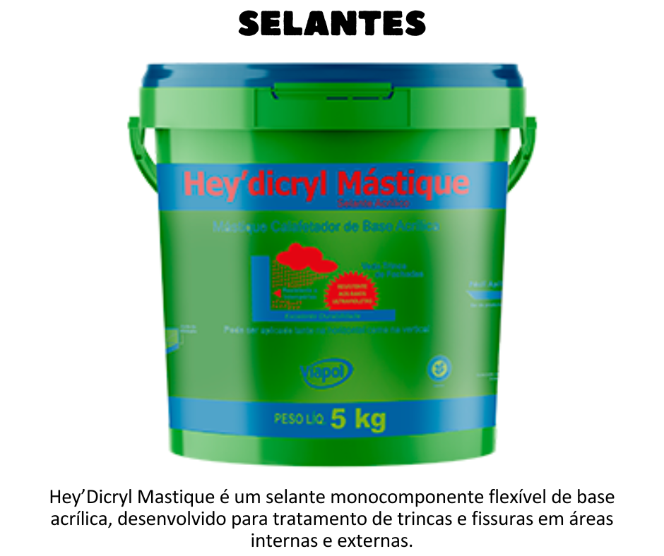 SELANTES - Hey'dicryl é um selante monocomponente flexível de base acrílica, desenvolvido para tratamento de trincas e fissuras em áreas internas e externas. Selagem ou calafetação de trincas e fissuras internas e externas; Baixa retração; Não resseca e não racha; Selagem de vãos em paredes de Drywall; Trincas e fissuras em argamassa de fachadas; Calafetação de fissuras verticais ou horizontais de baixa movimentação; Selagem de vãos entre guarnições de madeira ou metal;
