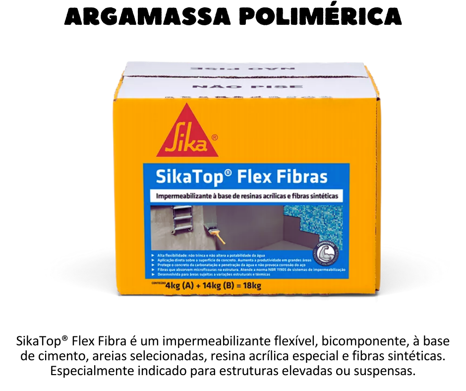 SikaTop® Flex Fibra é indicado para impermeabilização de: Caixas d’água elevadas ou suspensas; Reservatórios ou piscinas elevadas, enterradas ou semi-enterradas; Torres de refrigeração de água; Áreas frias como banheiros, cozinha, etc; Estruturas de concreto; Estações de tratamento de água.