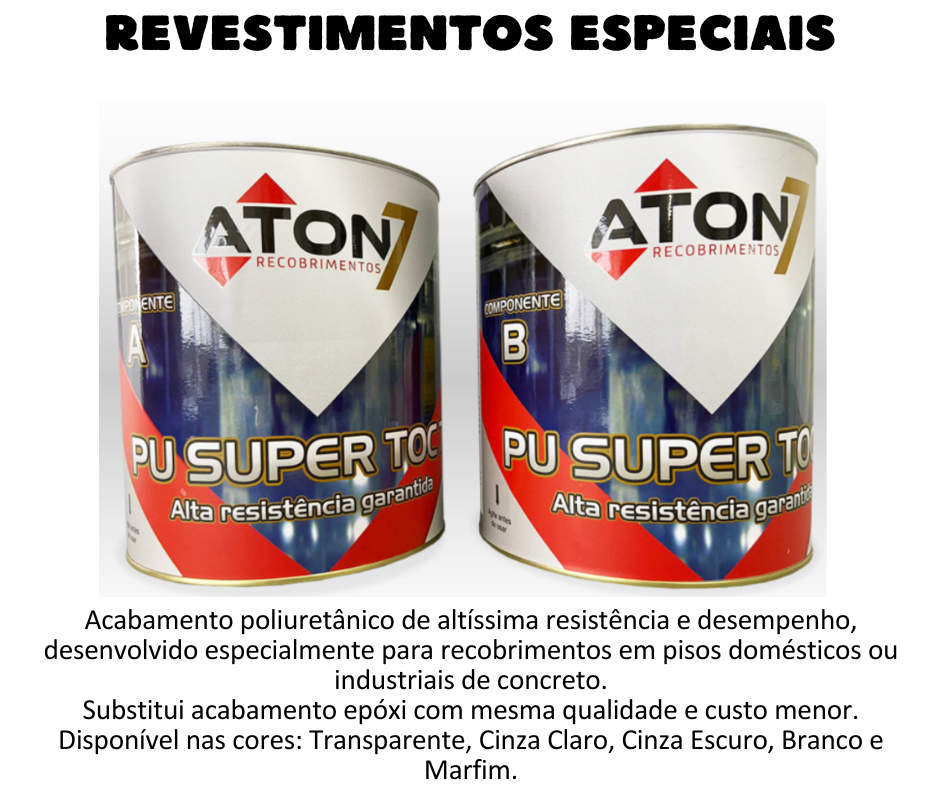 Revestimentos Especiais - PU SUper Toc Acabamento poliuretânico de altíssima resistência e desempenho, desenvolvido especialmente para recobrimentos em pisos domésticos ou industriais de concreto.  Substitui acabamento epóxi com mesma qualidade e custo menor.  Disponível nas cores: Transparente, Cinza Claro, Cinza Escuro, Branco, Marfim (Bege), Azul Escuro.