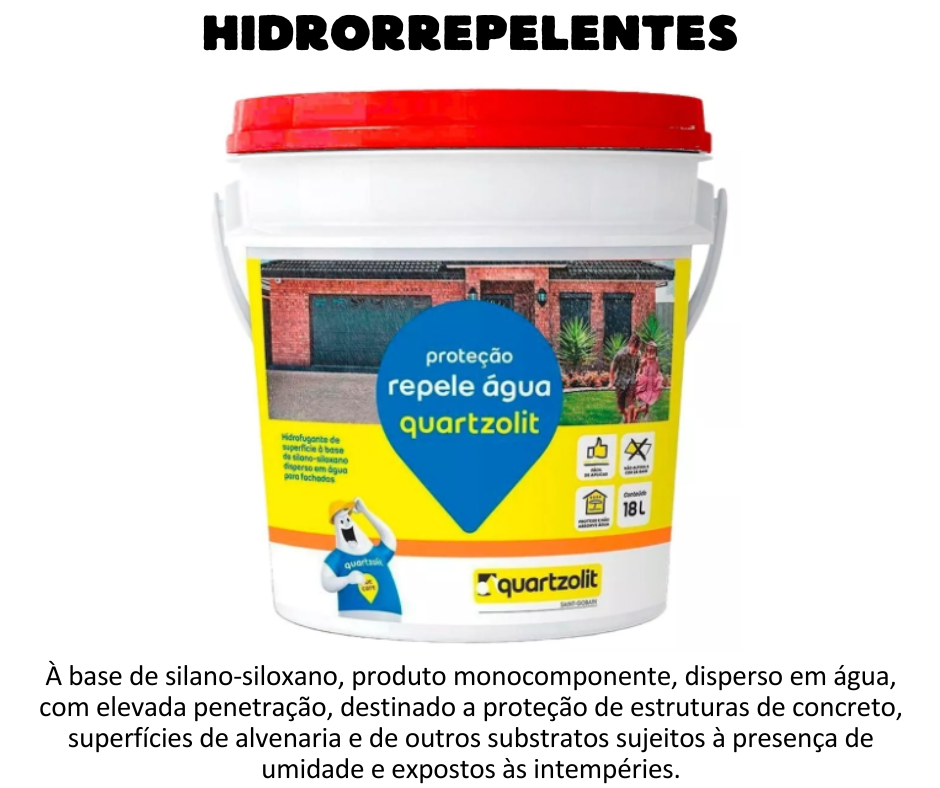 Hidrorrepelentes - Repele Água Hidrofugante à base de silano-siloxano, produto monocomponente, disperso em água, com elevada penetração, destinado ao tratamento e proteção de estruturas de concreto, superfícies de alvenaria e de outros substratos sujeitos à presença de umidade e expostos às intempéries. 2. USOS  Tratamento superficial contra a penetração de água.  Conservação de obras em ambientes agressivos, sob a ação de cloretos.  Para ambientes industriais, urbanos e marítimos. 3. BASE PARA APLICAÇÃO Indicado para:  Paredes externas.  Churrasqueiras de tijolo à vista.  Telhas cerâmicas e cerâmicas não esmaltadas.  Pedras naturais e revestimento decorativo.