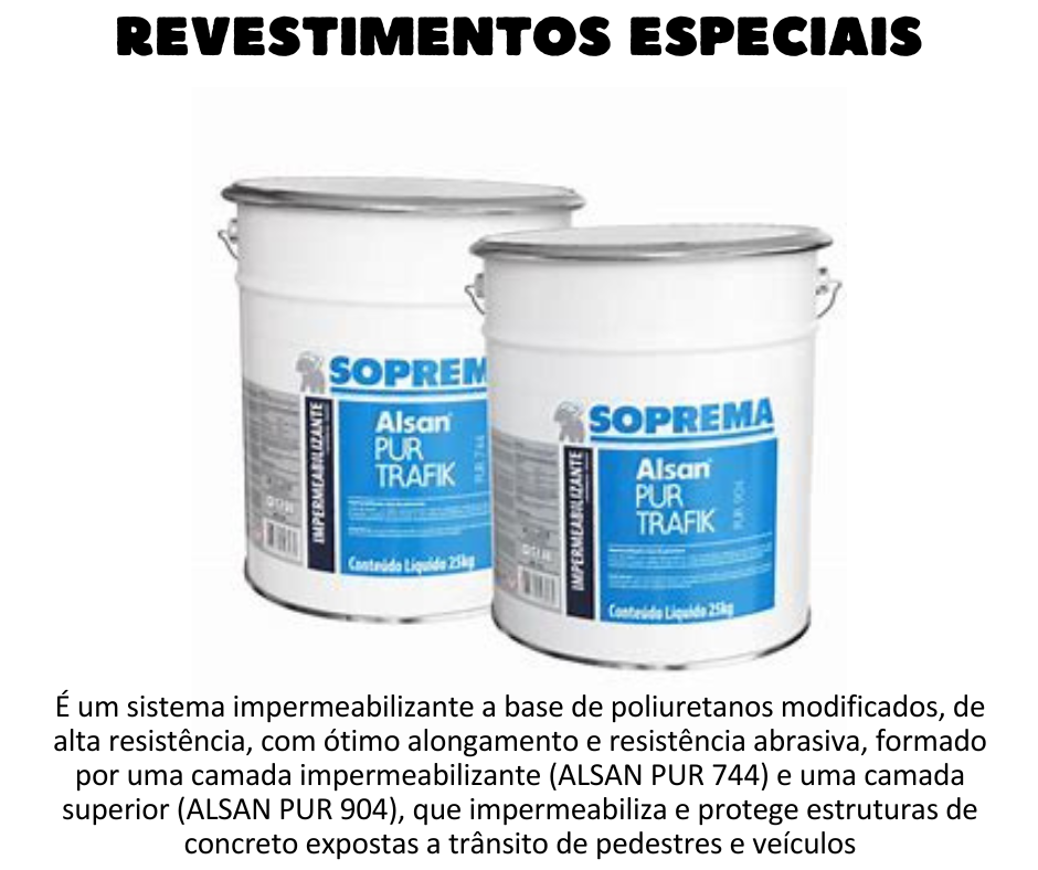 Revestimentos Especiais - Alsan PUR Trafik ALSAN PUR TRAFIK é um sistema impermeabilizante a base de poliuretanos modificados, de alta resistência, com ótimo alongamento e resistência abrasiva, formado por uma camada impermeabilizante (ALSAN PUR 744) e uma camada superior (topcoat) (ALSAN PUR 904), que impermeabiliza e protege estruturas de concreto expostas a trânsito de pedestres e veículos. ALSAN PUR 744 é uma membrana impermeabilizante de poliuretano, monocomponente, elástica, com alta flexibilidade e aplicada a frio. Ele cura com a umidade do ar, formando um revestimento contínuo e resistente. ALSAN PUR 904 é uma resina de alto desempenho à base de poliuretano alifático, monocomponente, utilizado como camada de acabamento que oferece alta resistência à abrasão, às intempéries e aos raios UV. Possui excelente aderência entre as camadas e é aplicado após a camada impermeabilizante (ALSAN PUR 744). Adicionam-se agregados (ALSAN PUR AGREGADO) na camada impermeabilizante ou de acabamento de acordo com as características do local onde será aplicado a fim de obter a resistência à abrasão desejada no sistema. ALSAN PUR TRAFIK é indicado para impermeabilização de estruturas de concreto como estacionamentos, coberturas, lajes, quadras, heliponto e arquibancada. VANTAGENS ▪ Resistência a variação de temperatura e aos raios UV (ALSAN PUR 904); ▪ Sistema leve que não necessita de proteção mecânica; ▪ Rápido e fácil a aplicação; ▪ Ótima resistência à abrasão e ao escorregamento; ▪ Excelente capacidade de aderência; ▪ Alta flexibilidade e alongamento, acompanhando a movimentação estrutural; ▪ Membrana monolítica, não possui juntas sendo fácil a limpeza e execução em locais com muitos arremates; ▪ Ótima opção para áreas com bastante tráfego.