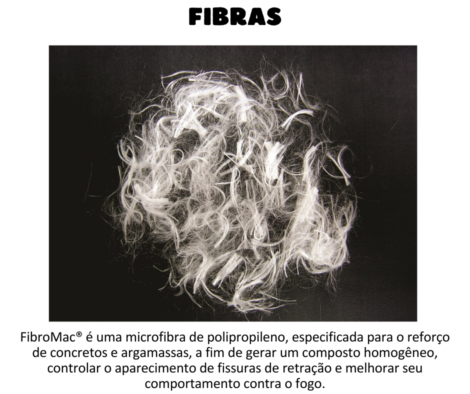 Fibras - FibroMac® 12 é uma fibra de polipropileno produzida a partir de multifilamentos indicada para o reforço de concretos e argamassas com a finalidade de gerar um composto homogêneo e controlar a fi ssuração por retração.  Campos de Aplicação:  - Concreto projetado, pré-fabricados, pavimentos , pisos , revestimentos.