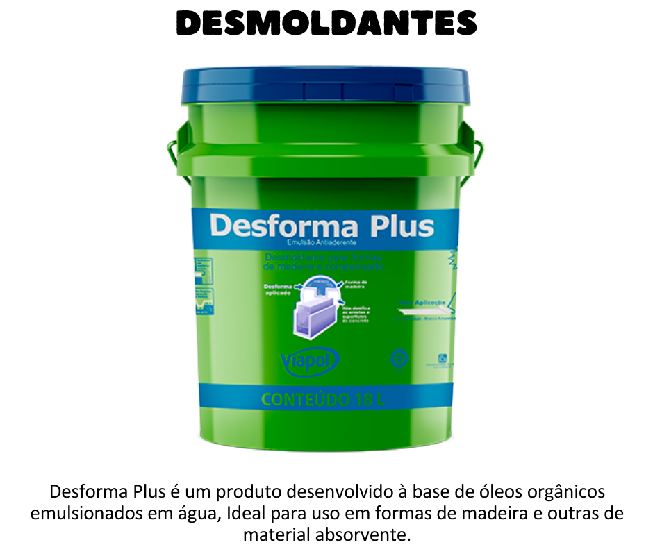 DESMOLDANTES - Desforma Plus é um produto desenvolvido à base de óleos orgânicos emulsionados em água. Facilidade de aplicação; A utilização do Desforma Plus facilita a desmoldagem de peças concretadas sem danificar ou manchar as peças, permitindo maior aproveitamento das formas e obtendo um concreto aparente de alta qualidade. UTILIZAÇÃO Ideal para uso em formas de madeira, e outras de material absorvente.