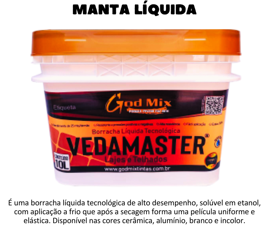 MANTA LÍQUIDA - Vedamaster - Borracha líquida com alta elasticidade e memória. Incolor, branca, cinza ou cor telha.