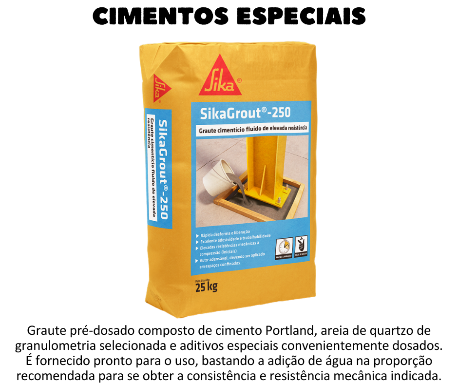 Cimentos especiais - SikaGrout®-250 é um graute pré-dosado composto de cimento Portland, areia de quartzo de granulometria selecionada e aditivos especiais convenientemente dosados. É fornecido pronto para o uso, bastando a adição de água na proporção recomendada para se obter a consistência e resistência mecânica indicada.