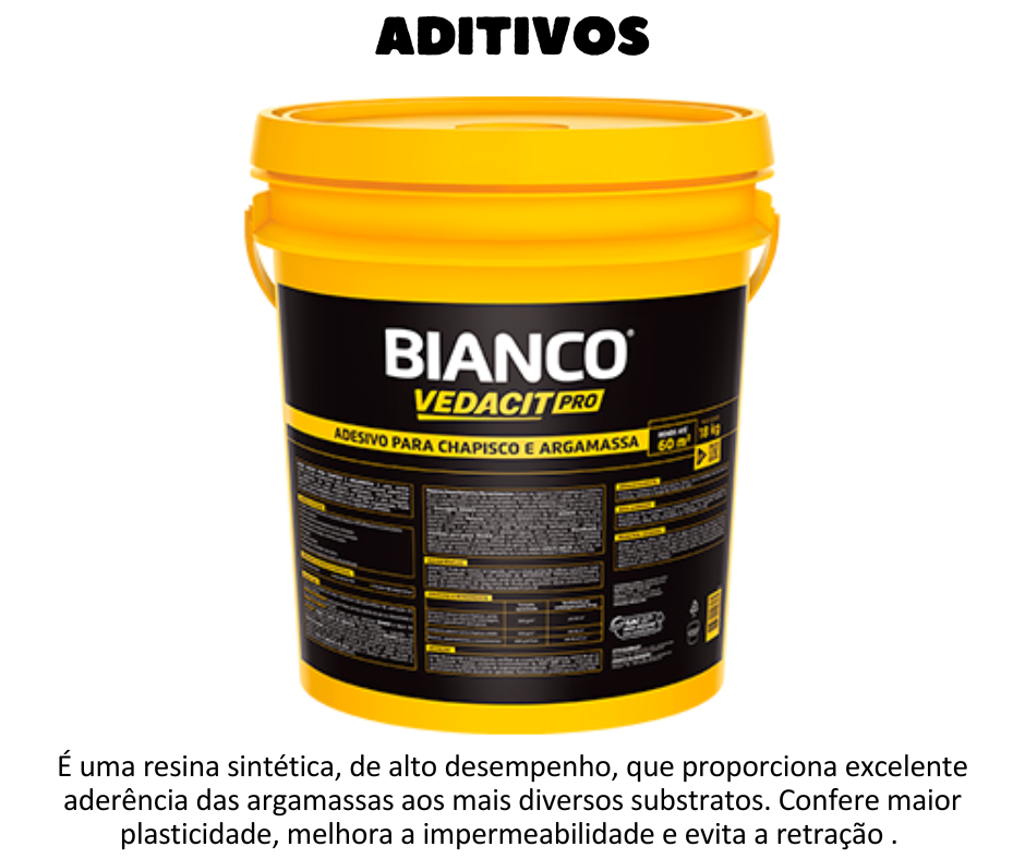 ADITIVOS - Bianco BIANCO é uma resina sintética, de alto desempenho, que proporciona excelente aderência das argamassas aos mais diversos substratos. Confere maior plasticidade, melhora a impermeabilidade e evita a retração das argamassas. Pode ser usado em áreas externas e internas ou sujeitas à umidade.