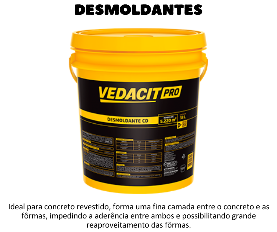 DESMOLDANTES - VEDACIT PRO DESMOLDANTE CD para concreto revestido forma uma fina camada entre o concreto e as fôrmas, impedindo a aderência entre ambos e possibilitando grande reaproveitamento das fôrmas. Facilita a limpeza e a remoção sem danificar nem manchar as superfícies e arestas do concreto. É especialmente indicado para concreto a ser revestido. Pode ser utilizado em fôrmas de madeira e compensados comuns ou resinados. Não mancha o concreto, não é inflamável nem agressivo à pele.