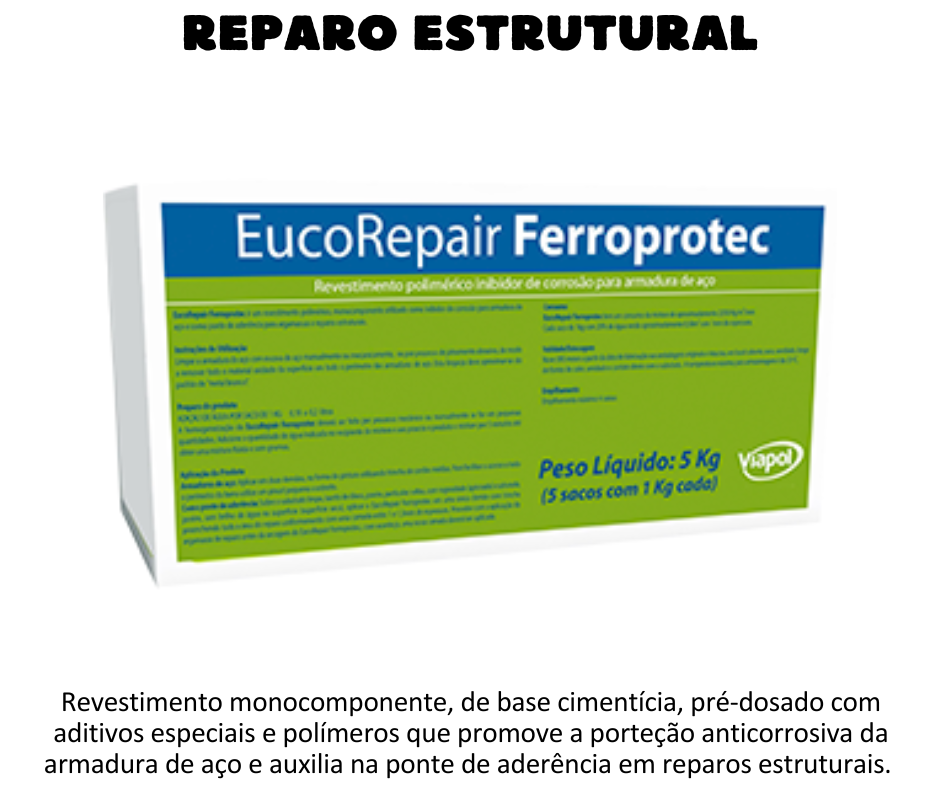 Reparo Estrutural - EucoRepair Ferroprotec é um revestimento monocomponente, de base cimentícia, pré-dosado com aditivos especiais e polímeros que promove a porteção anticorrosiva da armadura de aço e auxilia na ponte de aderência em reparos estruturais. É fornecido pronto para uso, bastando adicionar a quantidade de água indicada e homogeneizar. VANTAGENS Promove uma melhor aderência entre o substrato e a argamassa de reparo; Protege a armadura de aço por passivação, inibição catódica e por formação de barreira impermeável; Evita a deterioração dos elementos estruturais, aumentando a durabilidade da estrutura de concreto armado; Redução dos custos de manutenção; Monocomponente de fácil aplicação. UTILIZAÇÃO Proteção anticorrosiva para armadura de aço; Ponte de aderência para reparos convencionais em elementos de concreto - pilares, lajes e vigas; Ótimo para áreas de agressividade alta, aumentando a durabilidade da estrutura e diminuindo a quantidade de manutenções.