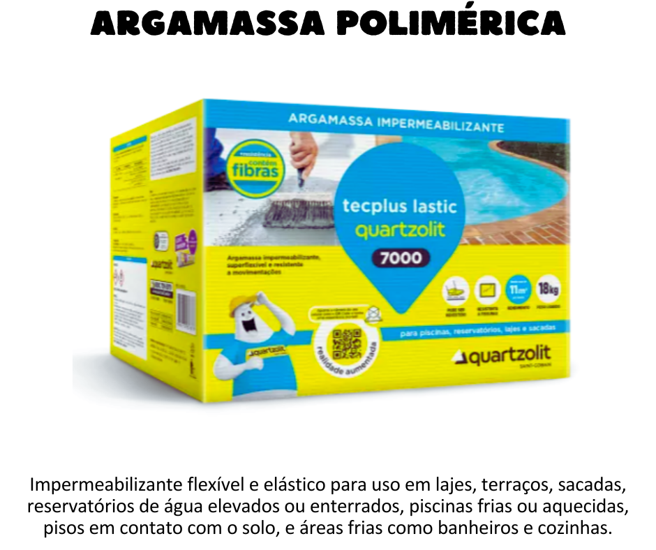 Tecplus Lastic 7000 impermeabilizante flexível e elástico para lajes e reservatórios elevados e enterrados.  Pode ser utilizado em lajes, terraços, sacadas, reservatórios de água elevados ou enterrados, piscinas frias ou aquecidas, pisos em contato com o solo, e áreas frias como banheiros e cozinhas.