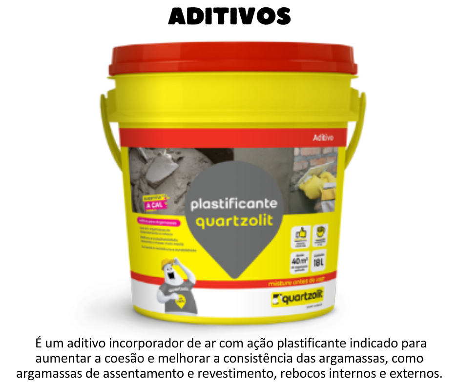 ADITIVOS - Plastificante é um aditivo incorporador de ar com ação plastificante indicado para aumentar a coesão e melhorar a consistência das argamassas, como argamassas de assentamento e revestimento, e rebocos internos e externos.          Pronto para uso         Reduz a permeabilidade das argamassas         Não agride a armadura         Alternativa ao uso de cal na composição das argamassas