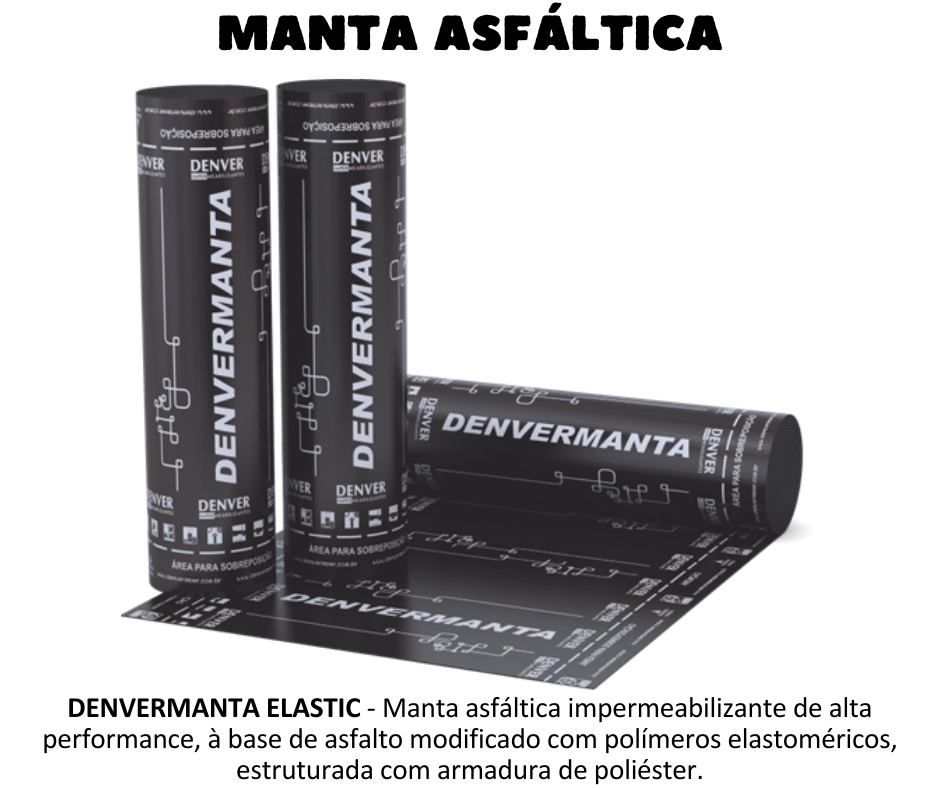 MANTA ASFÁLTICA - Denvermanta Elastic  - A DENVERMANTA ELASTIC é uma manta asfáltica elastomérica, à base de asfalto modificado com ator teor de polímeros – Classe A, estruturada com armadura de poliéster. A DENVERMANTA ELASTIC é especialmente recomendada para impermeabilização de diferentes tipos de lajes (maciças, pré-moldadas, nervuradas, steel deck etc.), piscinas elevadas e apoiadas, terraços, calhas, espelhos d´água, tanques, cortinas etc.