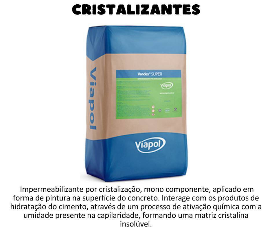 Vandex Super É um impermeabilizante por cristalização, mono componente, aplicado em forma de pintura na superfície do concreto. Interage com os produtos de hidratação do cimento, através de um processo de ativação química com a umidade presente na capilaridade, formando uma matriz cristalina insolúvel. O Vandex Super protege o substrato de concreto nas pressões de água positivas e negativas, águas subterrâneas, efluentes domésticos, águas salinas e alguns tipos de efluentes químicos. VANTAGENS  Não tóxico, não altera potabilidade da água de acordo com NSF 61, portaria GM/MS Nº 888; Resistência hidrostática na pressão positiva e negativa; Resistente à substância química contra águass subterrâneas agressivas, água do mar, carbonatos, cloretos, águas sulforosas, sulfatos, nitratos, hidróxido de sódio (50%), óleo mineral; Resistente à decomposição biológica de efluentes domésticos; Aberto a difusão de vapores; Reativa permebeabilidade por cristalização na presença de água; Inibe reações no concreto de expansão por sulfetos; Redutor de permeabilidade a penetração de cloretos; Facilidade de uso por ser mono componente e baixo custo de aplicação; Pode ser aplicado em concreto úmido ou durante a fase plástica; Selar fissuras estáticas de até 0,4mm; Tornar-se parte integrante na microestrutura do concreto; Livre de VOC (Composto Orgânico Voláteis).  UTILIZAÇÃO Estruturas para ETE e ETA; Reservatórios; Fundações; Lajes de subpressão; Estacionamentos subterrâneos; Paredes diafragmas; Cortinas de contenção; Túneis e obras subterrâneas; Barragens e estruturas hidráulicas; Drenagem; Estruturas de contenção de água.