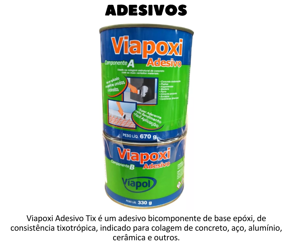 ADESIVOS - Viapoxi Adesivo Tix é um adesivo bicomponente de base epóxi, de consistência tixotrópica, indicado para colagem de concreto, aço, alumínio, cerâmica e outros.