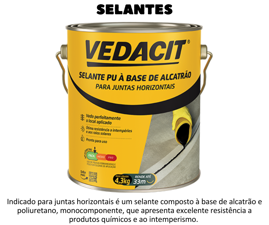 SELANTES - VEDACIT SELANTE PU À BASE DE ALCATRÃO para juntas horizontais é um selante composto à base de alcatrão e poliuretano, monocomponente, que apresenta excelente resistência a produtos químicos e ao intemperismo. Possui elasticidade e proporciona juntas estanques e de grande durabilidade. Tem excelente aderência a concreto, argamassa e metal.