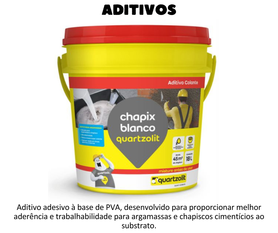 ADITIVOS - Chapix Blanco chapix quartzolit é um aditivo adesivo à base de PVA, desenvolvido para proporcionar melhor aderência e trabalhabilidade para argamassas e chapiscos cimentícios ao substrato.  Chapiscos rolados e comuns Alta aderência Isento de cloreto, não agride a armadura aplicação sobre concreto, alvenaria e bloco de EPS em tetos de lajes.