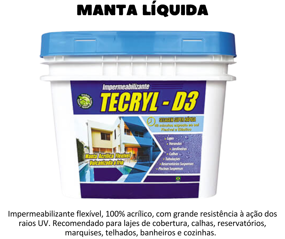 Produto impermeabilizante flexível à base de acrílico, aplicável a frio e pronto para uso, eliminando a necessidade de maçaricos e caldeiras. Devido às suas qualidades técnicas, tem sido utilizado em diversas áreas onde as tradicionais mantas se tornaram ineficazes, combinando baixo custo, facilidade de aplicação, alta performance e durabilidade.
