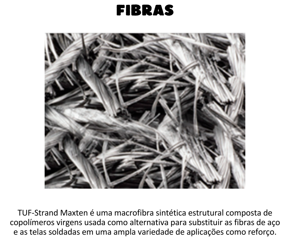 Fibras - TUF-Strand As fibras estruturais TUF-Strand SF, compostas por um blend de polipropileno/polietileno, são patenteadas e podem ser utilizadas em uma variedade de aplicações para substituir com sucesso as fibras de aço e as telas soldadas. A TUF-Strand SF foi desenvolvida para proporcionar maior ancoragem na matriz do concreto, garantindo reforço tridimensional, ganho de resistência pós-fissuração, resistência ao impacto, à fadiga e controle das fissuras de retração. A TUF- Strand SF cumpre com as principais normas de especificação e desempenho e suas dosagens podem variar de 1,8 a 12 kg/m³, dependendo dos requisitos técnicos de cada projeto.