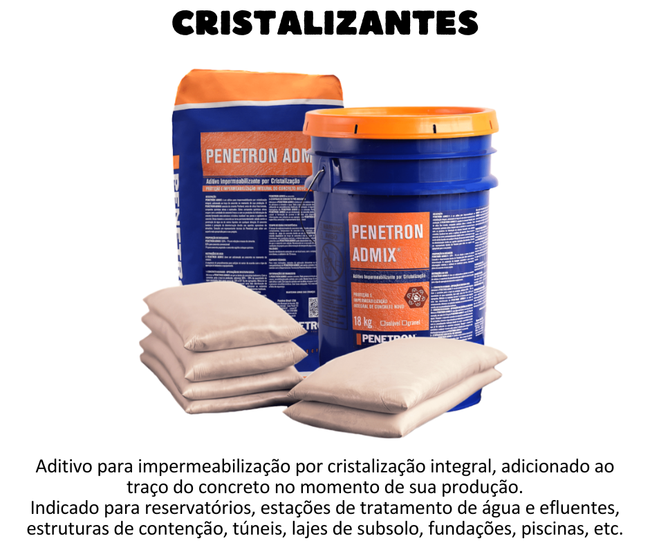 O PENETRON ADMIX® é um aditivo para impermeabilização por cristalização integral, adicionado ao traço do concreto no momento de sua produção.  O PENETRON ADMIX® consiste de cimento Portland, compostos químicos ativos e rastreador químico. Estes compostos químicos ativos reagem com a umidade do concreto fresco e com os produtos da hidratação do cimento formando uma estrutura cristalina insolúvel nos poros e capilares do concreto.  Dessa maneira o concreto se torna permanentemente selado contra a penetração de água ou de outros líquidos em qualquer direção. O concreto também é protegido da deterioração devido aos agentes agressivos da atmosfera. Ideal para Reservatórios; Estações de tratamento de água e efluentes; Estruturas de contenção secundárias; Tunéis e sistema de metro; Lajes de subsolo; Fundações; Estacionamentos subterrâneos; Piscinas; Aplicações pré-fabricadas, usinadas no local e concreto projetado.