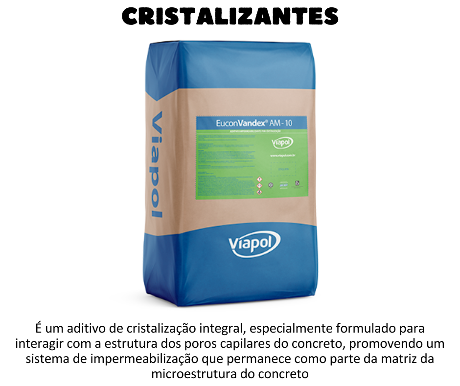 Eucon Vandex® AM-10 É um aditivo de cristalização integral, especialmente formulado para interagir com a estrutura dos poros capilares do concreto, promovendo um sistema de impermeabilização que permanece como parte da matriz da microestrutura do concreto. Eucon Vandex® AM-10 consiste em cimento Portland, compostos químicos patenteados e outros ativos que reagem com a umidade do concreto fresco e com os produtos da hidratação do cimento formando uma estrutura cristalina insolúvel que bloqueia passagem de água na capilaridade do concreto. Com a redução de permeabilidade, aumenta a durabilidade do concreto passivando armadura, inibindo a expansão por sulfatos e penetração de cloretos entre outros agentes agressivos da atmosfera. Eucon Vandex® AM-10 pode ser usado em aplicações em concreto de estruturas elevadas ou enterradas. VANTAGENS  Reduz ou elimina a penetração de água; Torna-se parte integrante do concreto com formação de cristais insolúveis, não caracterizado como hidro-repelente; Não tem efeitos adversos sobre a resistência à compressão; Mínimo efeito sobre a trabalhabilidade do concreto; Impermeabilização do concreto sob elevadas pressões hidrostáticas (lado positivo ou negativo) Facilidade de uso, pratica homogeneização; Não é tóxico, não altera potabilidade da água; Melhora a resistência química do concreto; Aumenta durabilidade do concreto; Permite passagem de vapor contido no ar para dentro do concreto; Pode selar fissuras estáticas de até 0,4mm; Atende ASTM C494 aditivo químico para concreto. UTILIZAÇÃO Estruturas para ETE e ETA; Reservatórios; Fundações; Túneis e obras subterrâneas; Barragens e estruturas hidráulicas; Projetos de drenagem; Canais; Estacionamentos subterrâneos; Cortinas de contenção de água; Paredes diafragmas; Lajes de subpressão e subsolos; Estruturas retenção de cheias para contenção de águas pluviais; Concreto projetado em túneis, taludes e para reforço estutural em ETE/ETA; Armazenagem de grãos como silos em concreto armado
