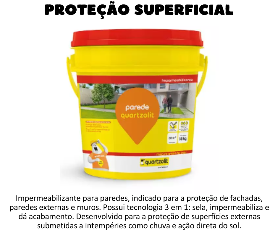 Proteção superficial - Quartzolit Parede é um impermeabilizante para paredes, indicado para a proteção de fachadas, paredes externas e muros. Possui tecnologia 3 em 1: sela, impermeabiliza e dá acabamento. Quando curada, forma uma membrana elástica e impermeável.  Desenvolvido para a proteção de superfícies externas submetidas a intempéries como chuva e ação direta do sol.       Pronta para uso e de fácil aplicação      Protege contra manchas e a umidade da batida de chuva      Resistente aos raios UV