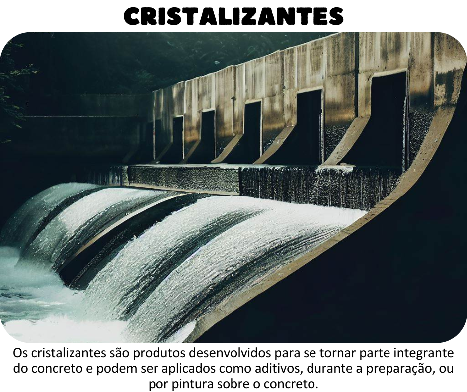 Cristalizantes são produtos desenvolvidos para se tornar parte integrante do concreto e podem ser aplicados como aditivos, durante a preparação ou por pintura sobre o concreto.