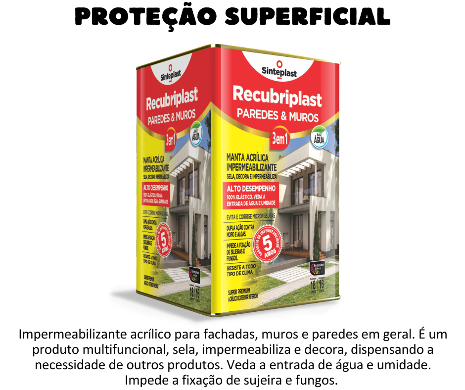 Proteção superficial - Recubriplast Paredes e Muros Impermeabilizante acrílico para fachadas, muros, empenas e paredes em geral. É um produto multifuncional, sela, impermeabiliza e decora, dispensando a necessidade de outros produtos. Veda a entrada de água e umidade. Impede a fixação de sujeira e fungos. Dupla Ação – combate mofos e algas. Máxima durabilidade e alta retenção de cor.
