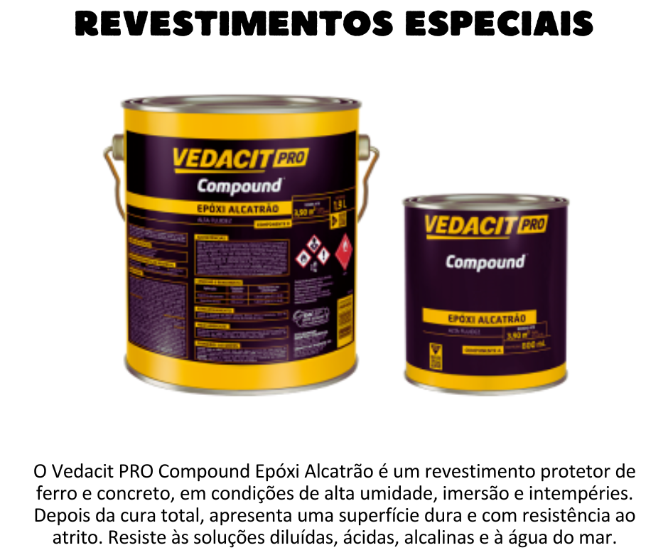 Revestimentos Especiais - Compound Epóxi Alcatrão é um revestimento protetor de ferro e concreto, em condições de alta umidade, imersão e intempéries. Depois da cura total, apresenta uma superfície dura e com resistência ao atrito. Resiste às soluções diluídas, ácidas, alcalinas e à água do mar.