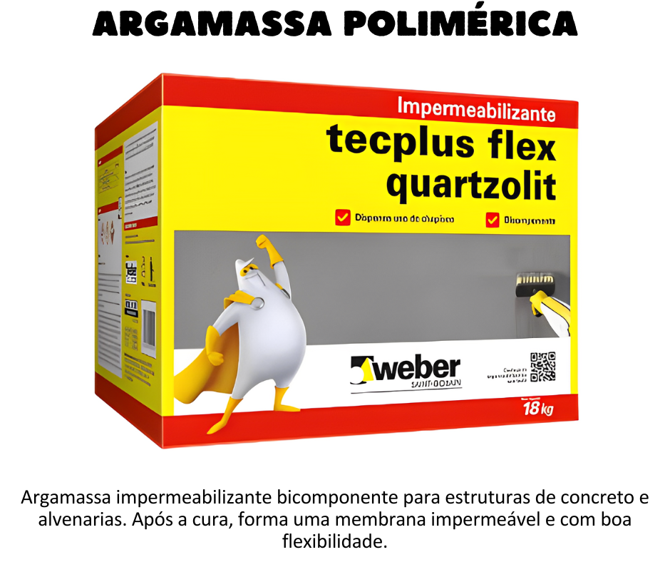 Argamassa polimérica - Tecplus Flex - Argamassa impermeabilizante bicomponente para estruturas de concreto e alvenarias. Após a cura, forma uma membrana impermeável e com boa flexibilidade.