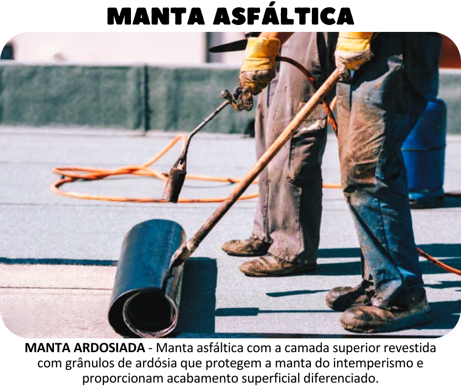 MANTA ASFÁLTICA - Ardosiada - Manta asfáltica produzida a partir da modificação física do asfalto com polímeros, estruturada com não tecido de filamentos contínuos de poliéster previamente estabilizado. Possui em sua face externa pequenas escamas de ardósia natural ou grânulos minerais que protegem a manta do intemperismo e proporcionam um exclusivo acabamento superficial.Manta composta de asfalto e camada superior com grânulos de ardosia.