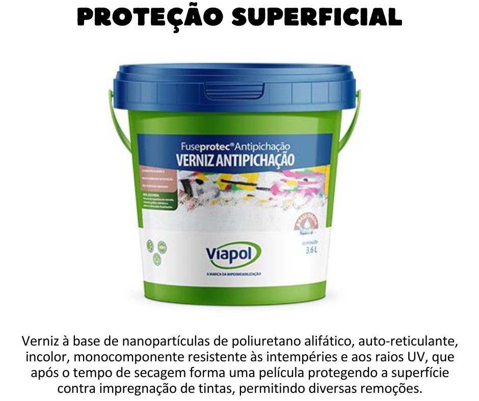 Proteção superficial - Fuseprotec Antipichação é um verniz à base de nanopartículas de poliuretano alifático, auto-reticulante, incolor, monocomponente resistente às intempéries e aos raios UV, que após o tempo de secagem forma uma película protegendo a superfície contra impregnação de tintas, permitindo diversas remoções com o Fuseprotec® Diluente. VANTAGENS Fácil remoção da pichação; Baixo odor; Fácil aplicação; Alta resistência ao intemperismo; Resiste à ação dos raios solares e da alcalinidade do concreto; Impermeável à água; porém, permite à difusão de vapor; Boa resistência química aos agentes agressores da atmosfera; Produto ecológico à base d’água e com baixo teor de VOC (Compostos Orgânicos Voláteis); Não impregna sujeira, não amarela e não descasca; Independente da umidade do ar para reação. UTILIZAÇÃO Fuseprotec® Antipichação é indicado para proteção de superfícies verticais:  Superfícies de concreto aparente; Monumentos púbicos (concreto); Estruturas de concreto e alvenaria; Superfícies de madeiras expostas.