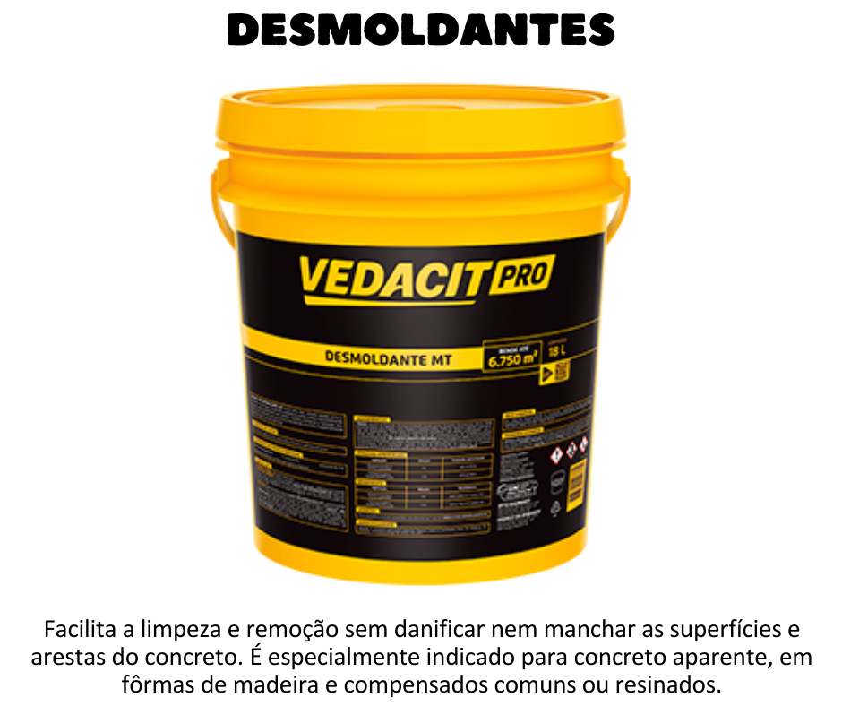 DESMOLDANTES -  VEDACIT PRO DESMOLDANTE MT forma uma fina camada oleosa entre o concreto e as fôrmas, impedindo a aderência entre ambos e possibilitando grande reaproveitamento das fôrmas. Facilita a limpeza e remoção sem danificar nem manchar as superfícies e arestas do concreto. É especialmente indicado para concreto aparente, em fôrmas de madeira e compensados comuns ou resinados.