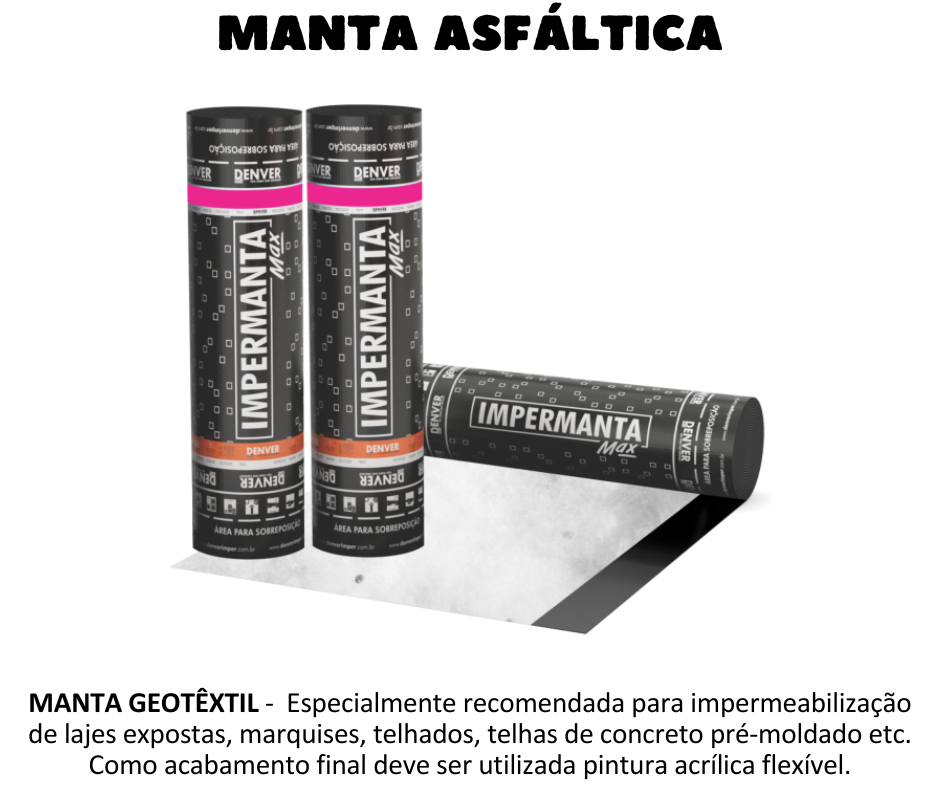 MANTA ASFÁLTICA - Manta com acabamento geotêxtil é uma manta asfáltica impermeabilizante, à base de asfalto modificado com polímeros, estruturada com armadura de poliéster e acabamento superficial de poliéster resinado branco ideal para receber pintura. IMPERMANTA MAX PINT é especialmente recomendada para impermeabilização de lajes expostas, marquises, telhados, telhas de concreto pré-moldado etc. Como acabamento final deve ser utilizada pintura acrílica flexível. 