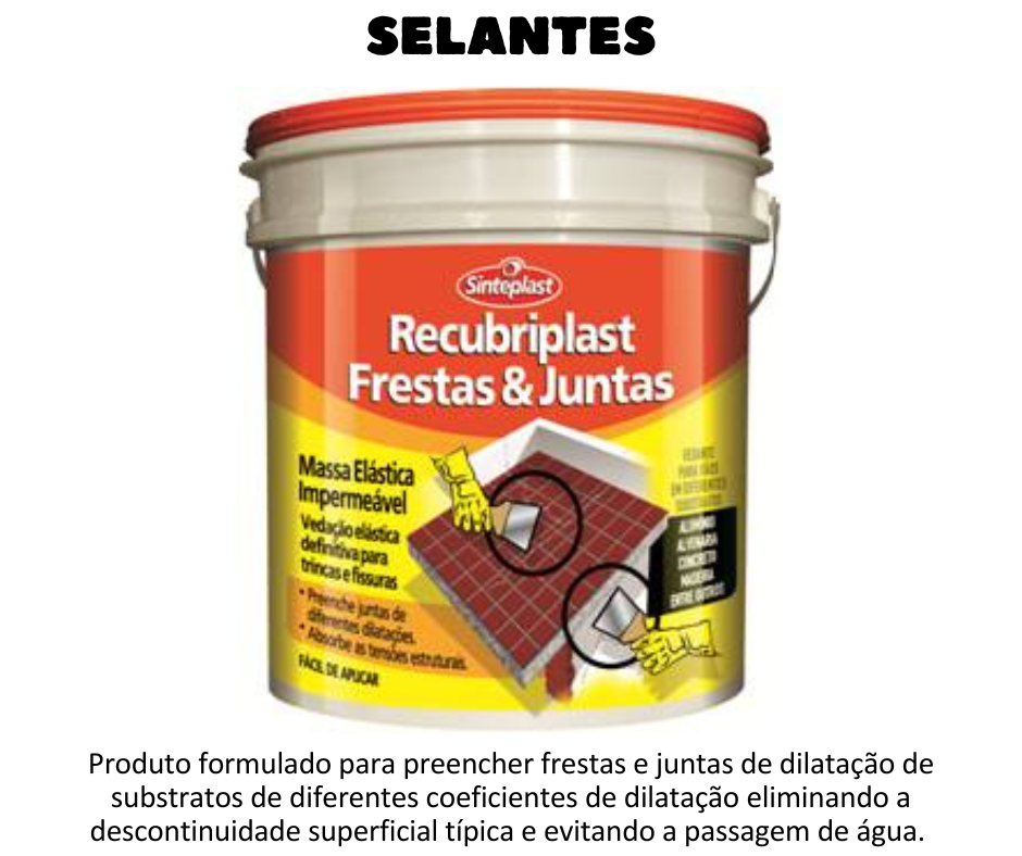 SELANTES - REcubriplast Frestas e Juntas Produto formulado para preencher frestas e juntas de dilatação de substratos de diferentes coeficientes de dilatação eliminando a descontinuidade superficial típica e evitando a passagem de água. Aceita pintura e não deve ficar sem acabamento.