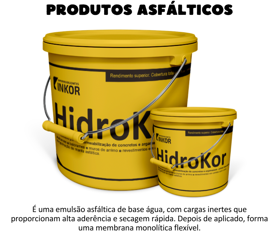 Produtos asfálticos - Hidrokor é uma emulsão asfáltica de base água, com cargas inertes que proporcionam alta aderência e secagem rápida, formando uma membrana monolítica flexível e impermeabilizante. Seu uso é recomendado em áreas de umidade, além de concretos e espaços que ficam expostos ao tempo. Este produto não possui COV e não agride o meio ambiente