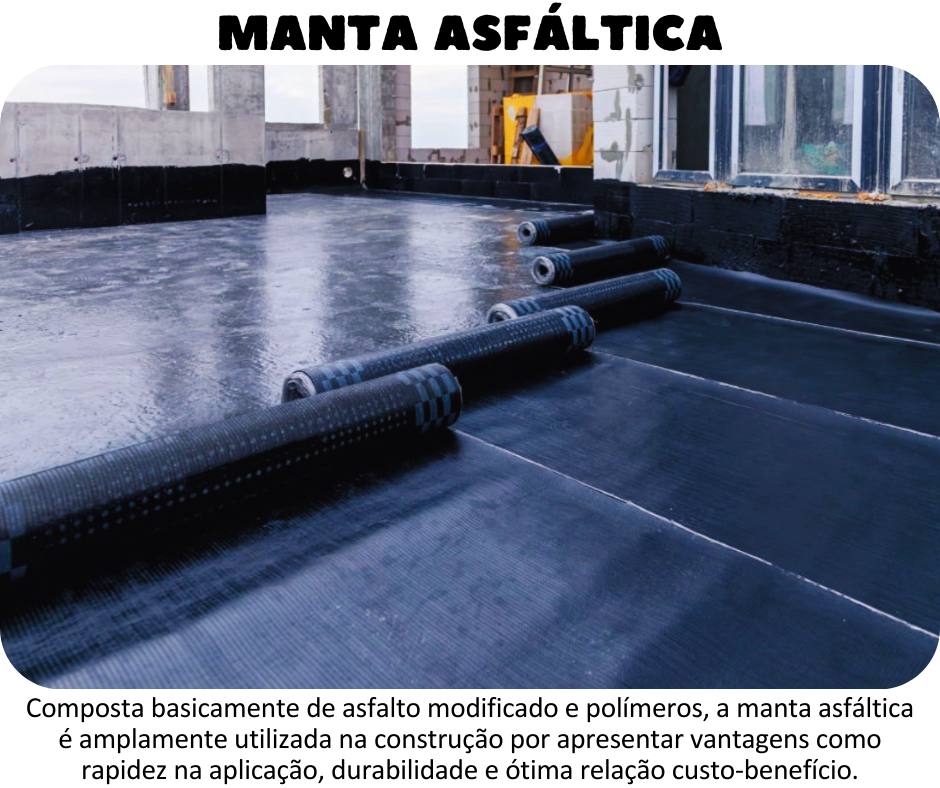 MANTA ASFÁLTICA - Amplamente utilizada na construção por apresentar vantagens como rapidez na execução do  trabalho e ótima relação custo-benefício. A manta asfáltica é um material utilizado para impermeabilização de lajes e telhados. Ela é composta por uma camada de asfalto modificado com polímeros e uma camada de proteção superficial. As vantagens da manta asfáltica são a facilidade de aplicação, a durabilidade e a resistência à água e aos raios solares. Além disso, ela é capaz de suportar variações de temperatura sem sofrer deformações 