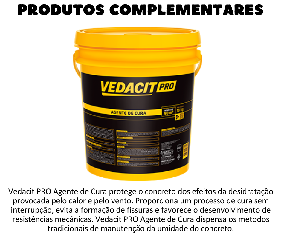 Produtos Complementares - Vedacit Agente de Cura protege o concreto dos efeitos da desidratação provocada pelo calor e pelo vento. Proporciona um processo de cura sem interrupção, evita a formação de fissuras e favorece o desenvolvimento de resistências mecânicas. VEDACIT PRO AGENTE DE CURA dispensa os métodos tradicionais de manutenção da umidade do concreto.